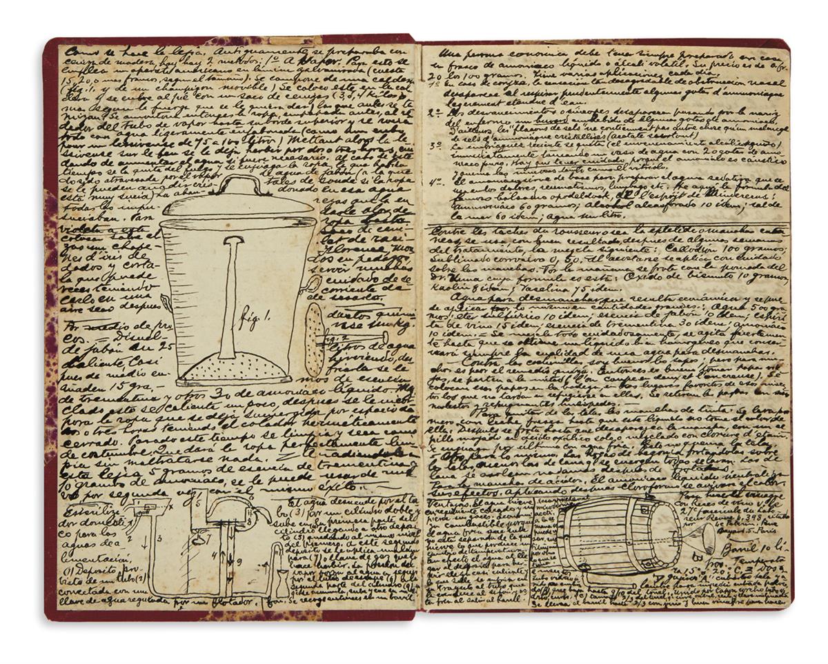 (MEXICAN COOKERY.) Manuscript cookbook with illustrations of distilling processes.